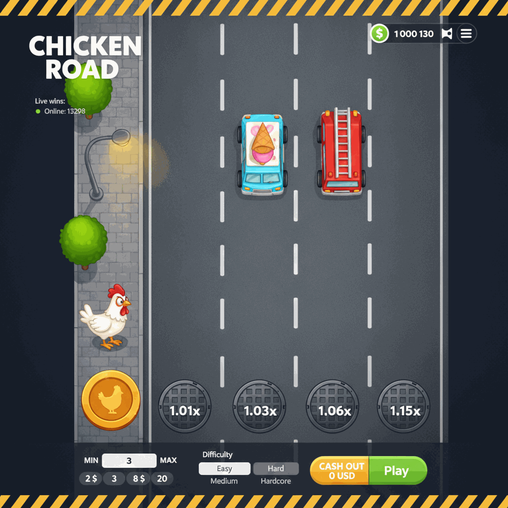 Chicken Road Crash-Spiel von InOut: Cartoon-Huhn überquert mehrspurige Straße von oben betrachtet, mit Multiplikatoren auf Kanaldeckeln und herannahenden Autos auf grauen Fahrspuren, Straßenlaterne und Bäume am Straßenrand